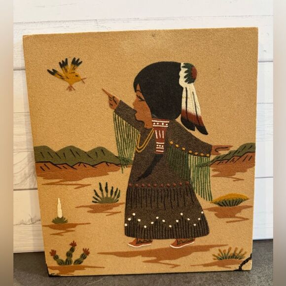 Vintage Native American Sand Painting Art on Wood - Picture 2 of 7